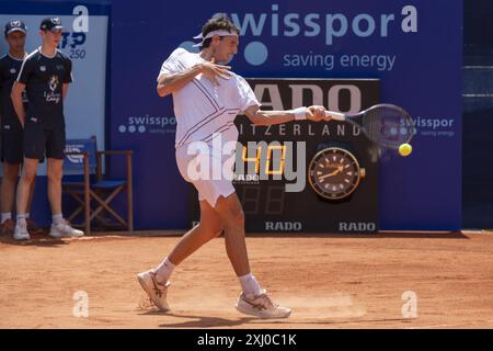 Gstaad Switzerland, 07 16 2024: Marc-Andrea Huesler (SUI) in action during EFG Swiss Open.  during  EFG Gstaad Swiss Open ATP 250, International Tennis match in Gstaad, Switzerland, July 16 2024 Stock Photo