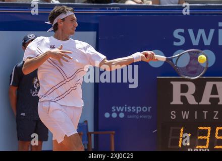 Gstaad Switzerland, 07 16 2024: Marc-Andrea Huesler (SUI) in action during EFG Swiss Open.  during  EFG Gstaad Swiss Open ATP 250, International Tennis match in Gstaad, Switzerland, July 16 2024 Stock Photo