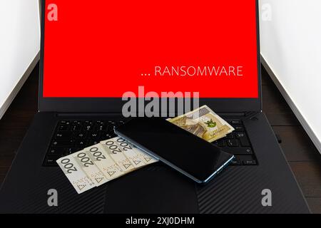 Internet theft victim stolen money on computer keyboard hacked phone Stock Photo