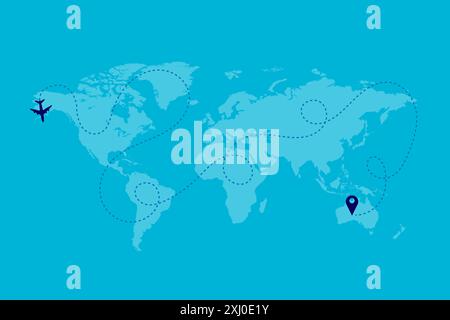 World map vector background with Airplane, dotted lines, and location icons, Around the world via aircraft travel concept Stock Vector