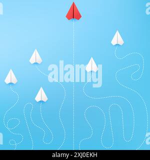 business concept, Red paper plane is straight direction from white. New ideas. Different business concepts. Courage to risk. leadership, dotted lines Stock Vector