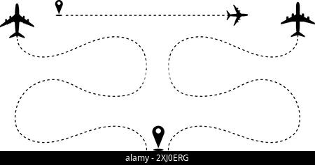 Dotted lines, travel concept with aircraft and location icon, airplane route dashed lines vector background Stock Vector