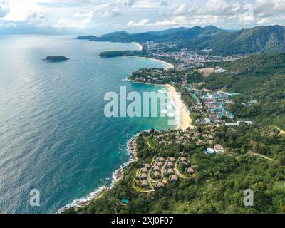 aerial view of the beautiful 3 beaches of Kata, Kata Noi, and Karon Beach viewpoint at Phuket, Thailand. Stock Photo