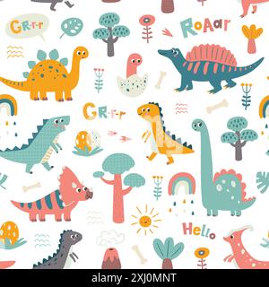 Kids baby pattern with cute dinosaurs, volcano, dino eggs, rainbow, trees. Vector Stock Vector