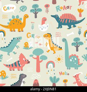 Kids baby pattern with cute dinosaurs, volcano, dino eggs, rainbow, trees. Vector Stock Vector