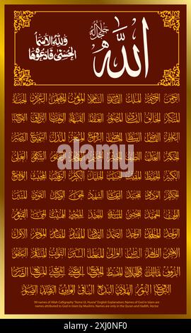 99 names of Allah, Arabic Calligraphy 'Asma ul Husna': 99 names of God in Islam are names attributed to God in Islam by Muslims. Stock Vector