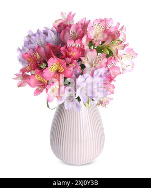 Beautiful alstroemeria flowers in vase isolated on white Stock Photo