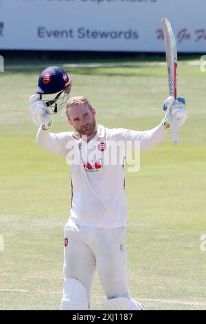 Paul Walter of Essex raises his bat after reaching his century during Essex CCC vs Durham CCC, Vitality County Championship Division 1 Cricket at The Stock Photo