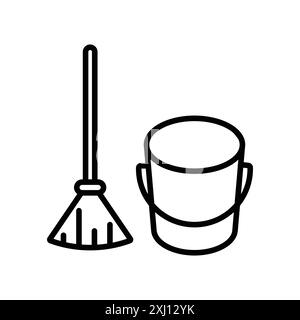 besom with stick and pail icon linear logo mark set collection in black and white for web Stock Vector