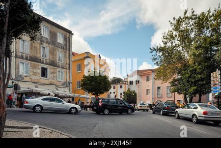 Traffic jam in Sintra. Busy Portuguese town center on summer afternoon. Stock Photo