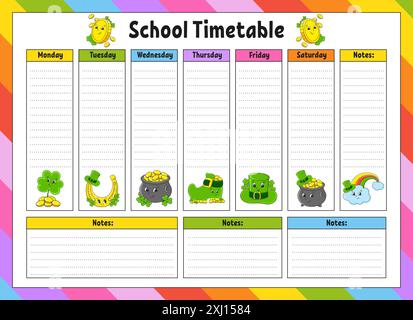 School schedule. Timetable for schoolboys. Empty template. Weekly planer with notes. cartoon character. Vector illustration. Stock Vector