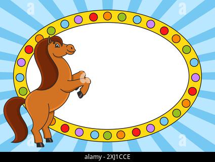 Horse reared up. Cartoon style. Color bright illustration. With place for your text. For circus advertisements, advertising. Stock Vector
