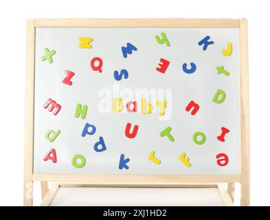 Word Baby made of magnetic letters on board against white background ...