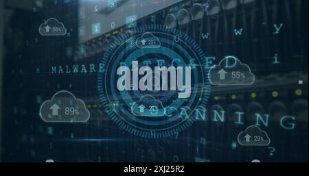 Image of circles, texts, letters, symbols, arrows, numbers in clouds, back panel of server rack. Digital composite, multiple exposure, shape, cloud co Stock Photo