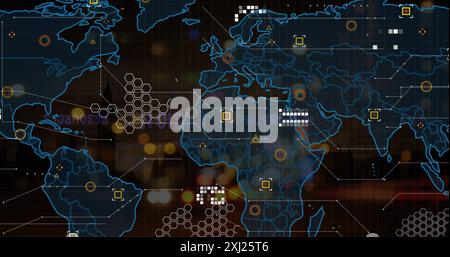 Image of connected dots, hexagon patterns, map over defocused vehicles moving on street. Digital composite, multiple exposure, global, communication, Stock Photo