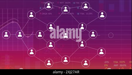 Image of flowchart of icons with multiple graphs and trading boards over gradient background. Digitally generated, hologram, illustration, report, bus Stock Photo