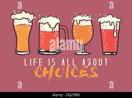 Vector illustration of glasses, tulips and beer mugs with different types. Art in a simple, graphic style. Stock Vector