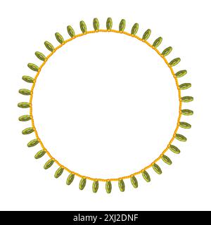 Abstract Textured Rope Stitched Round Frame With Leaf Stock Vector