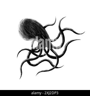 Octopus, black and white illustration, dark gothic art Stock Photo