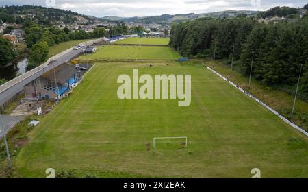 Aerial drone view of Albert Park, Mansfield Road, Hawick, Scotland, home ground of Hawick Royal Albert FC who play in the East of Scotland league. Stock Photo