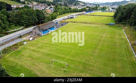 Aerial drone view of Albert Park, Mansfield Road, Hawick, Scotland, home ground of Hawick Royal Albert FC who play in the East of Scotland league. Stock Photo