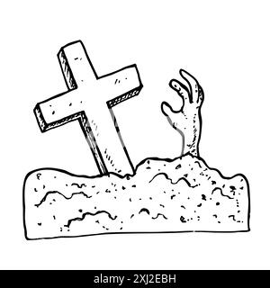 Vector zombie arms sticking out of the ground. Hand painted linear illustration. Graphic monochrome crooked cross art for tattoo, symbol of death, hal Stock Vector