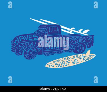 Vector illustration of truck with surfboard. Stock Vector