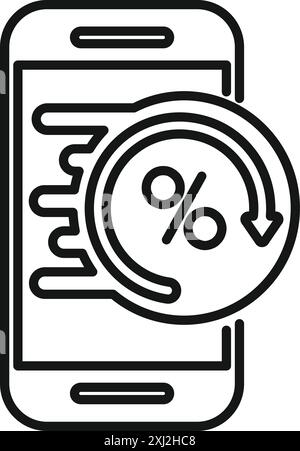 Smartphone is showing a percentage symbol with a downward arrow, indicating a drop in price for online shopping or cashback Stock Vector