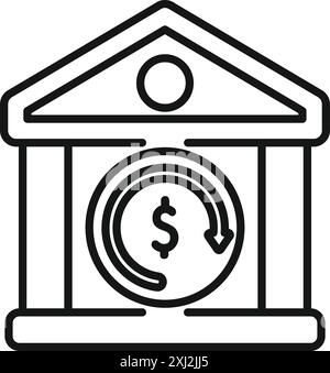 Line art style icon of a bank building with money turnover symbol inside, representing financial transactions and banking services Stock Vector