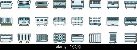 Convector icons set outline vector. Radiator bars. Central climate thin line color flat on white Stock Vector