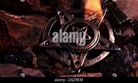 Spiritual Pentagram Symbol in Fire Flames Stock Photo