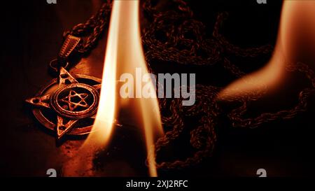 Spiritual Pentagram Symbol in Fire Flames Stock Photo