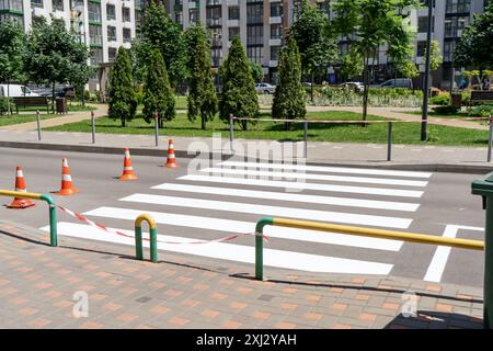 Applying road markings. Pedestrian crossing on the street in the yard. Cones Stock Photo