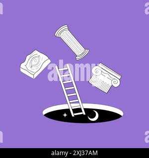 Surrealism elements poster or cover design with abstract greek ancient sculptures. Vector hand drawn illustrations of modern elements and cosmic space Stock Vector