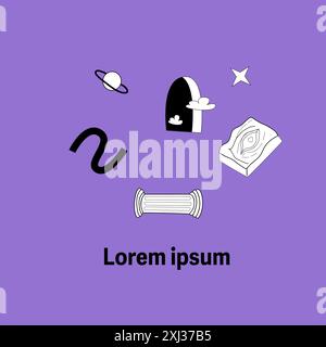 Surrealism elements poster or cover design with abstract greek ancient sculptures. Vector hand drawn illustrations of modern elements and cosmic space Stock Vector