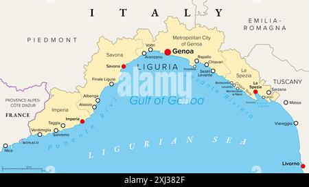 Liguria and the Italian Riviera, the Ligurian Riviera, political map. Region of north-western Italy, with capital Genoa. Stock Photo