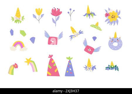 Childrens magic birthday party elements set. Isolated on white background. Celebration hat, flowers, mail with wings, unicorn horns decoration. Stock Vector