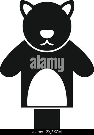Simple black and white icon of a cat puppet show character standing on a small stage Stock Vector