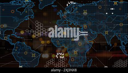 Image of connected dots, hexagon patterns, map over defocused vehicles moving on street. Digital composite, multiple exposure, global, communication, Stock Photo