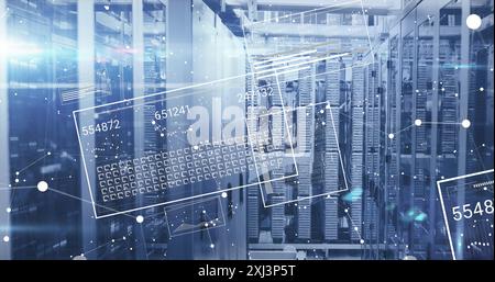 Image of changing numbers loading bars and squares over server room in background. Digital composite, multiple exposure, progress, growth, technology Stock Photo