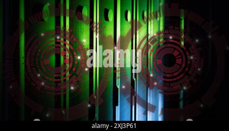 Image of two red round scanners spinning against computer server room. Computer interface and business data storage technology concept Stock Photo