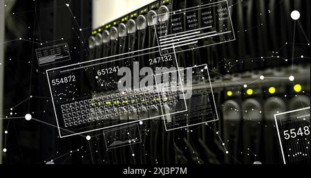 Image of white spots and data processing over server room. Global technology and digital interface concept digitally generated image. Stock Photo