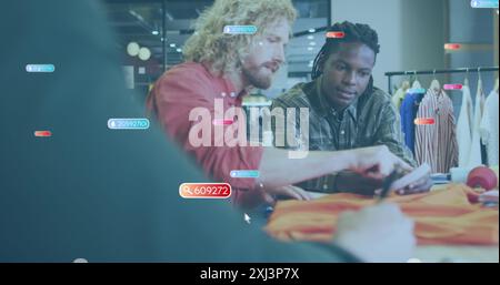 Image of social media data processing over diverse creative businessmen in office. Global business, finances, computing and data processing concept di Stock Photo