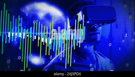 Image of data processing and binary coding over african american man in vr headset. Global computing, digital interface and data processing concept di Stock Photo