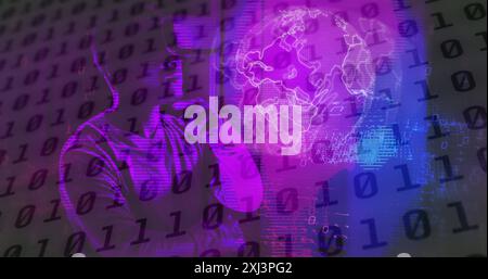 Image of binary coding data processing with african american man in vr headset. Global computing, digital interface and data processing concept digita Stock Photo