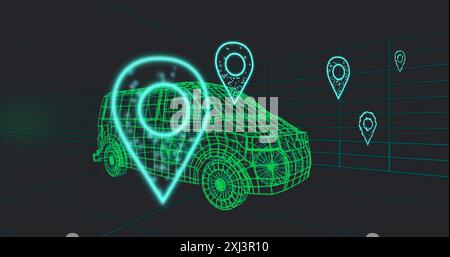 Image of multiple location pin icons over 3d van model moving in seamless pattern in a tunnel. Ev sustainable energy and gps concept Stock Photo