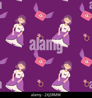 Childrens fairy pattern with princess and castle. Cute fantasy world clipart background. Childish magic pattern with cartoon characters. Stock Vector