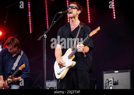 Glasgow, UK. 12th July 2024. Jacob Slater, Jamie Staples, Pete Woodin and Harry Fowler of the band 'Wunderhorse' perform at TRNSMT 2024 Stock Photo