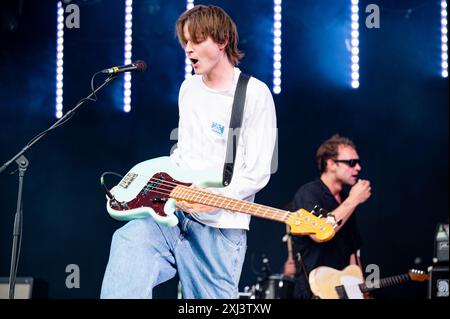 Glasgow, UK. 12th July 2024. Jacob Slater, Jamie Staples, Pete Woodin and Harry Fowler of the band 'Wunderhorse' perform at TRNSMT 2024 Stock Photo