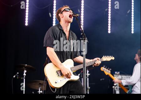 Glasgow, UK. 12th July 2024. Jacob Slater, Jamie Staples, Pete Woodin and Harry Fowler of the band 'Wunderhorse' perform at TRNSMT 2024 Stock Photo